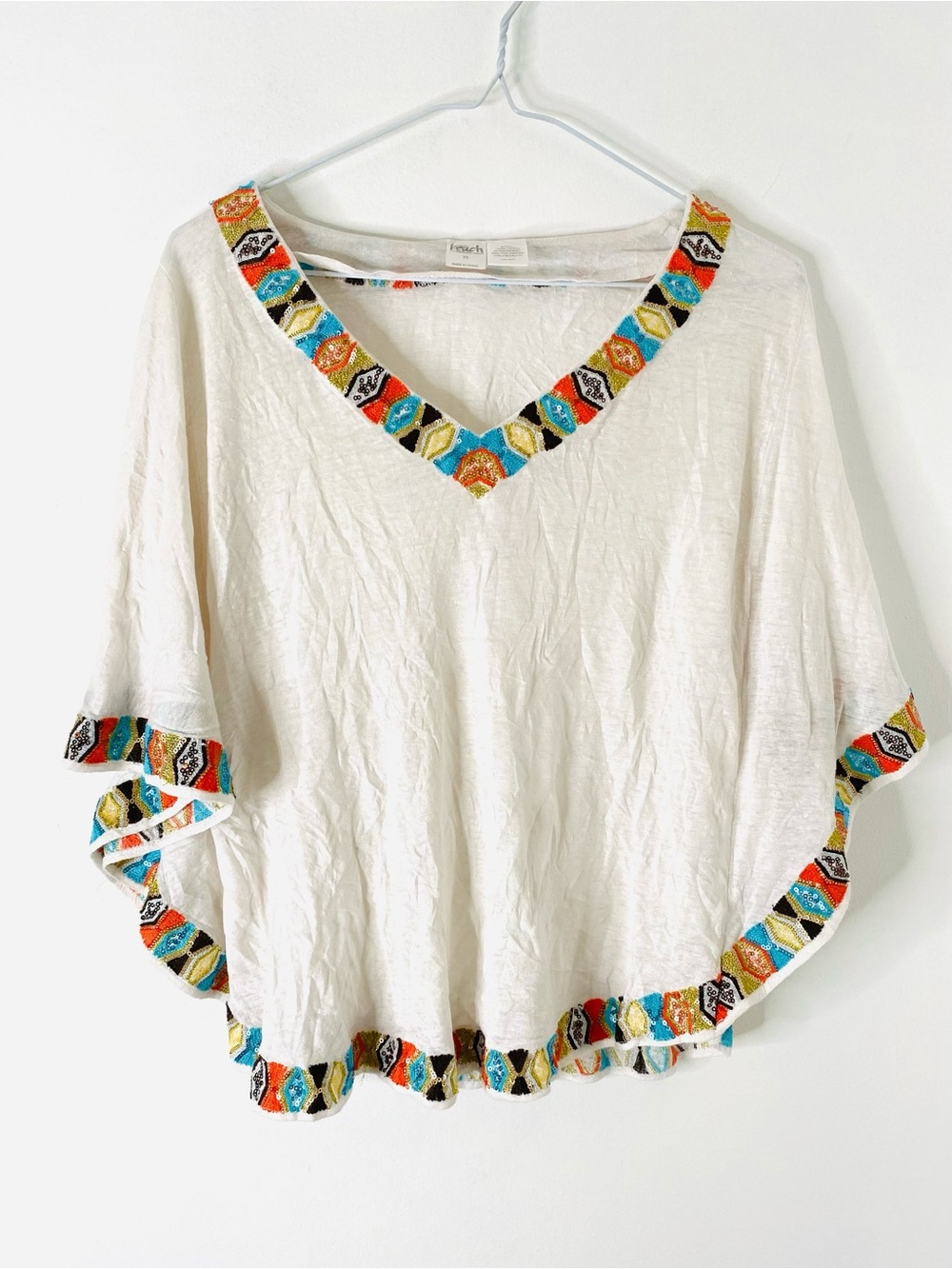 INC International Concepts White Linen Circle Cover-Up Top Embroidered Sequin